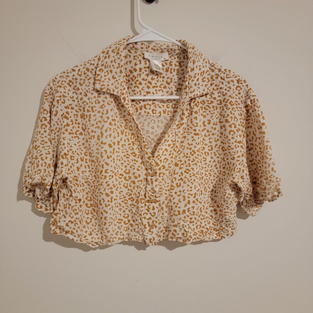 Kirious Linen Blend Cropped Blouse Animal Print Shrug Button Up Size Medium M